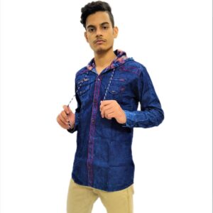 Alternative view of Men's Solid Dark Blue Hooded Full Sleeve Casual Shirt