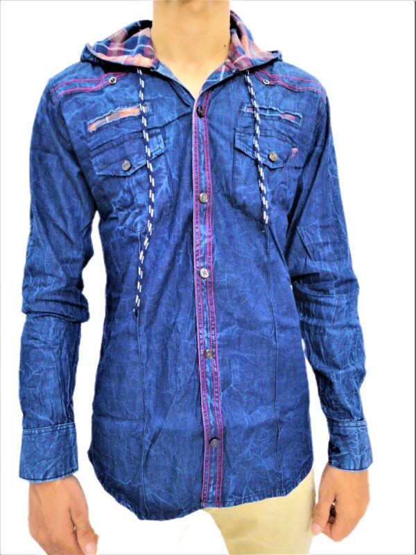 Men's Solid Dark Blue Hooded Full Sleeve Casual Shirt - Image 7
