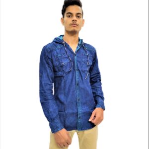 Solid Navy Blue Hooded Full Sleeve Casual Shirt For Men