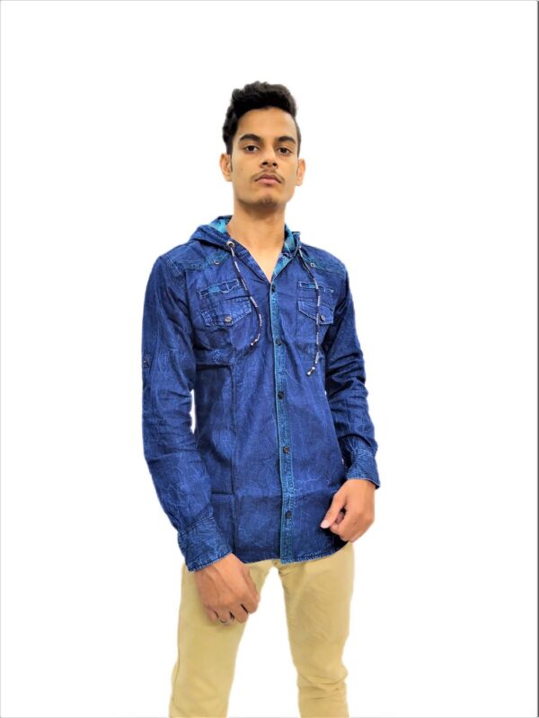 Solid Navy Blue Hooded Full Sleeve Casual Shirt For Men