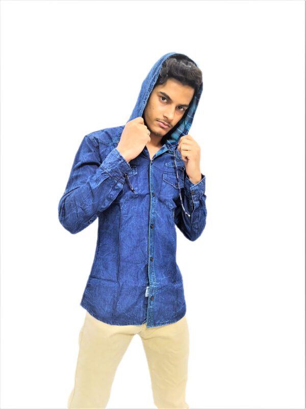 Solid Navy Blue Hooded Full Sleeve Casual Shirt For Men - Image 5