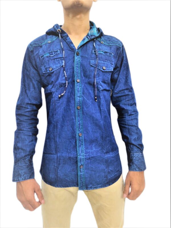 Solid Navy Blue Hooded Full Sleeve Casual Shirt For Men - Image 7