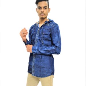 Solid Dark Blue Hooded Full Sleeve Casual Shirt
