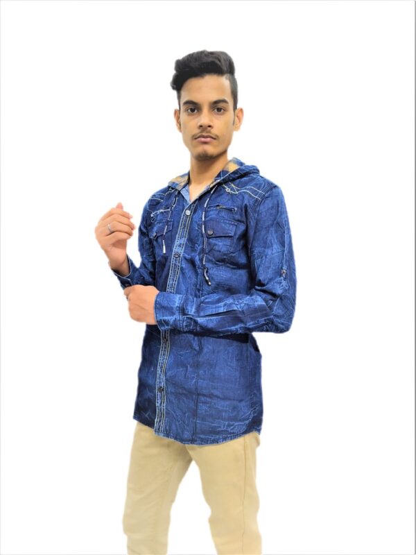 Solid Dark Blue Hooded Full Sleeve Casual Shirt