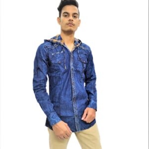 Alternative view of Solid Dark Blue Hooded Full Sleeve Casual Shirt