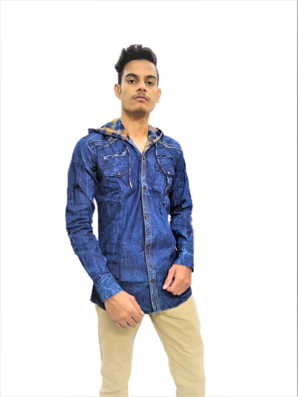 Solid Dark Blue Hooded Full Sleeve Casual Shirt - Image 2