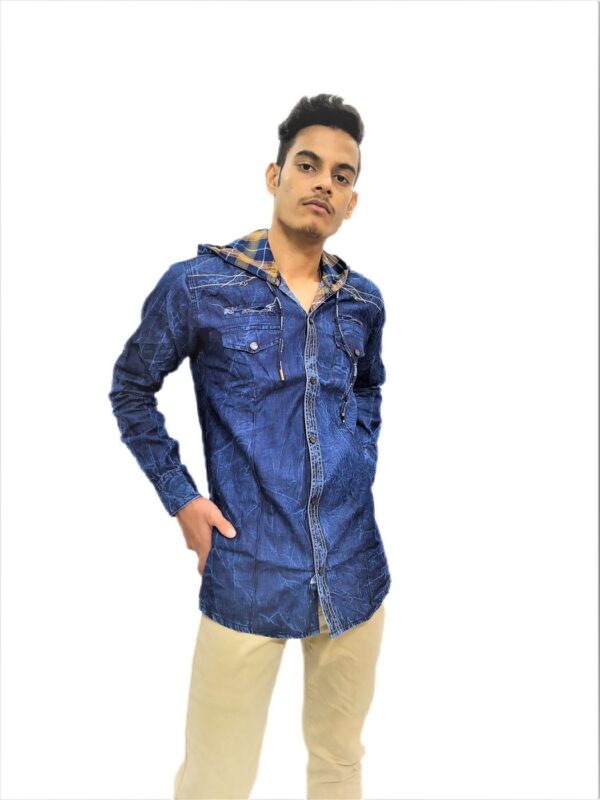 Solid Dark Blue Hooded Full Sleeve Casual Shirt - Image 4