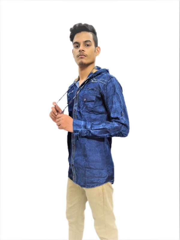 Solid Dark Blue Hooded Full Sleeve Casual Shirt - Image 5