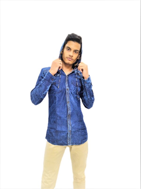 Solid Dark Blue Hooded Full Sleeve Casual Shirt - Image 6