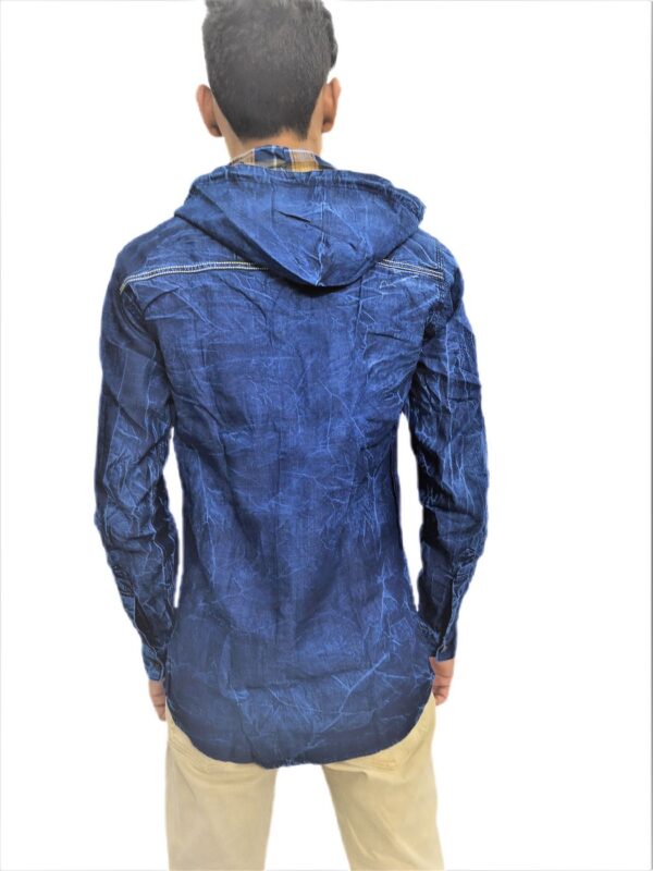 Solid Dark Blue Hooded Full Sleeve Casual Shirt - Image 7