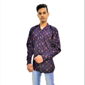 Alternative view of Men's Blue Printed Yellow Cross Stripes Casual Shirt