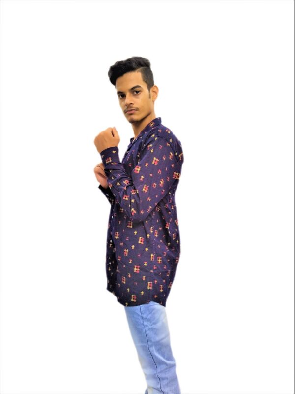 Men's Blue Printed Yellow Cross Stripes Casual Shirt - Image 3