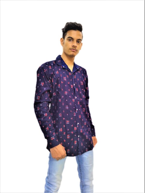 Men's Navy Blue Printed Yellow Cross Stripe Soft Denim Casual Shirt