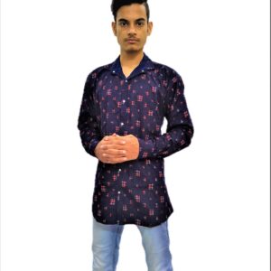 Alternative view of Men's Navy Blue Printed Yellow Cross Stripe Soft Denim Casual Shirt