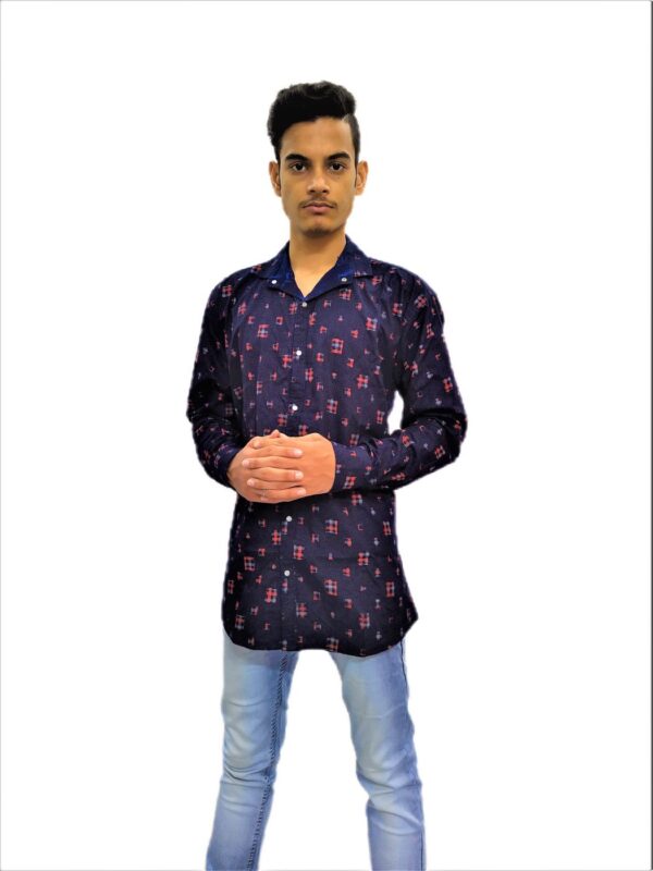 Men's Navy Blue Printed Yellow Cross Stripe Soft Denim Casual Shirt - Image 2