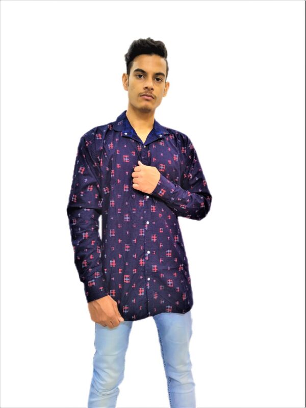 Men's Navy Blue Printed Yellow Cross Stripe Soft Denim Casual Shirt - Image 3