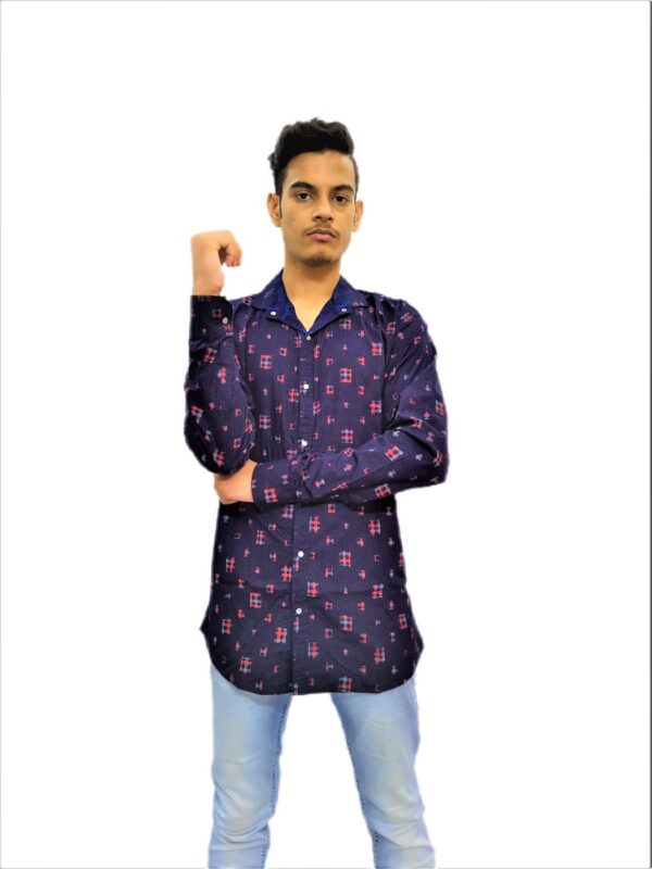 Men's Navy Blue Printed Yellow Cross Stripe Soft Denim Casual Shirt - Image 4