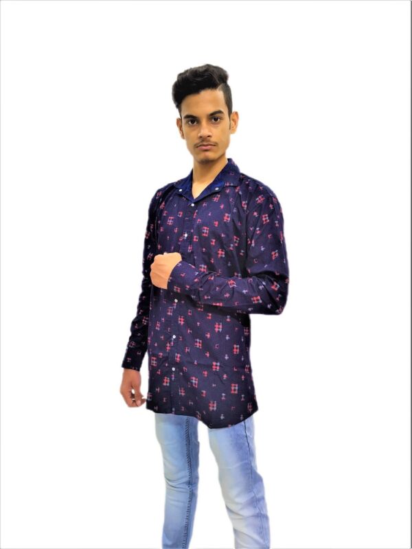 Men's Navy Blue Printed Yellow Cross Stripe Soft Denim Casual Shirt - Image 5