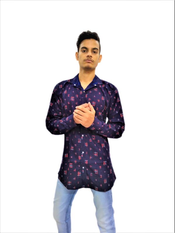 Men's Navy Blue Printed Yellow Cross Stripe Soft Denim Casual Shirt - Image 7