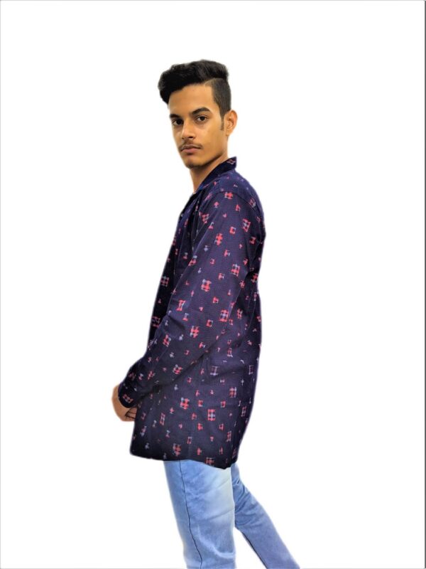 Men's Navy Blue Printed Yellow Cross Stripe Soft Denim Casual Shirt - Image 9