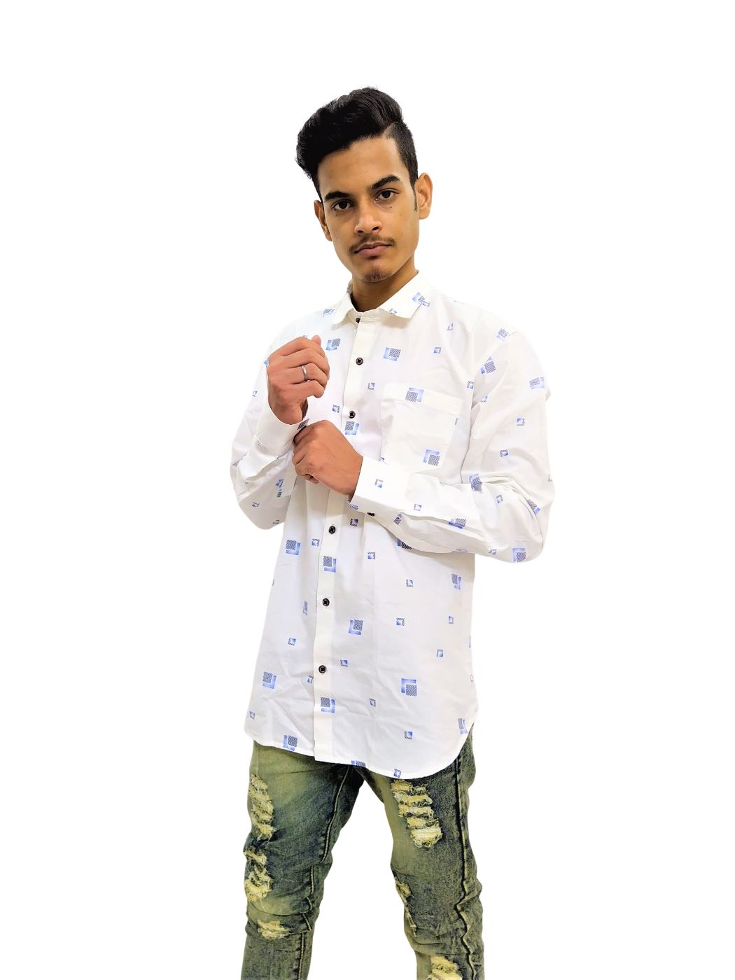 Men's Cream Printed Soft Denim Shirt