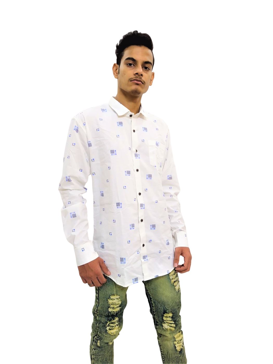 Men's Cream Printed Soft Denim Shirt - Image 2