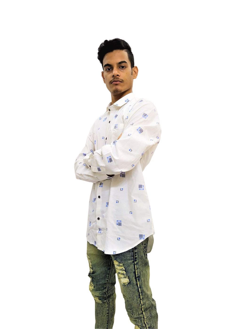 Men's Cream Printed Soft Denim Shirt - Image 3