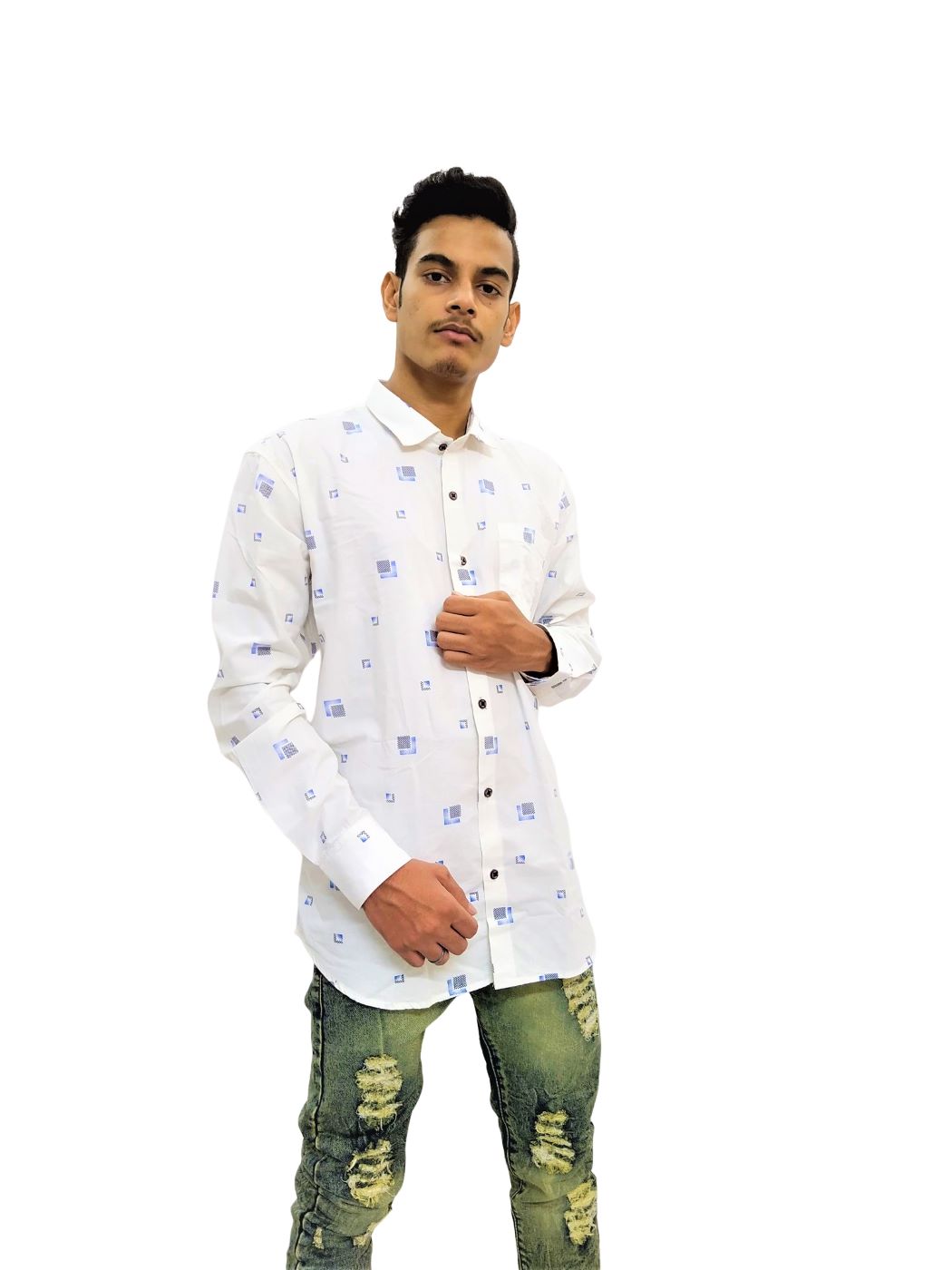 Men's Cream Printed Soft Denim Shirt - Image 4