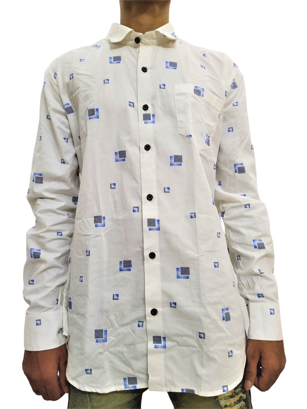 Men's Cream Printed Soft Denim Shirt - Image 5