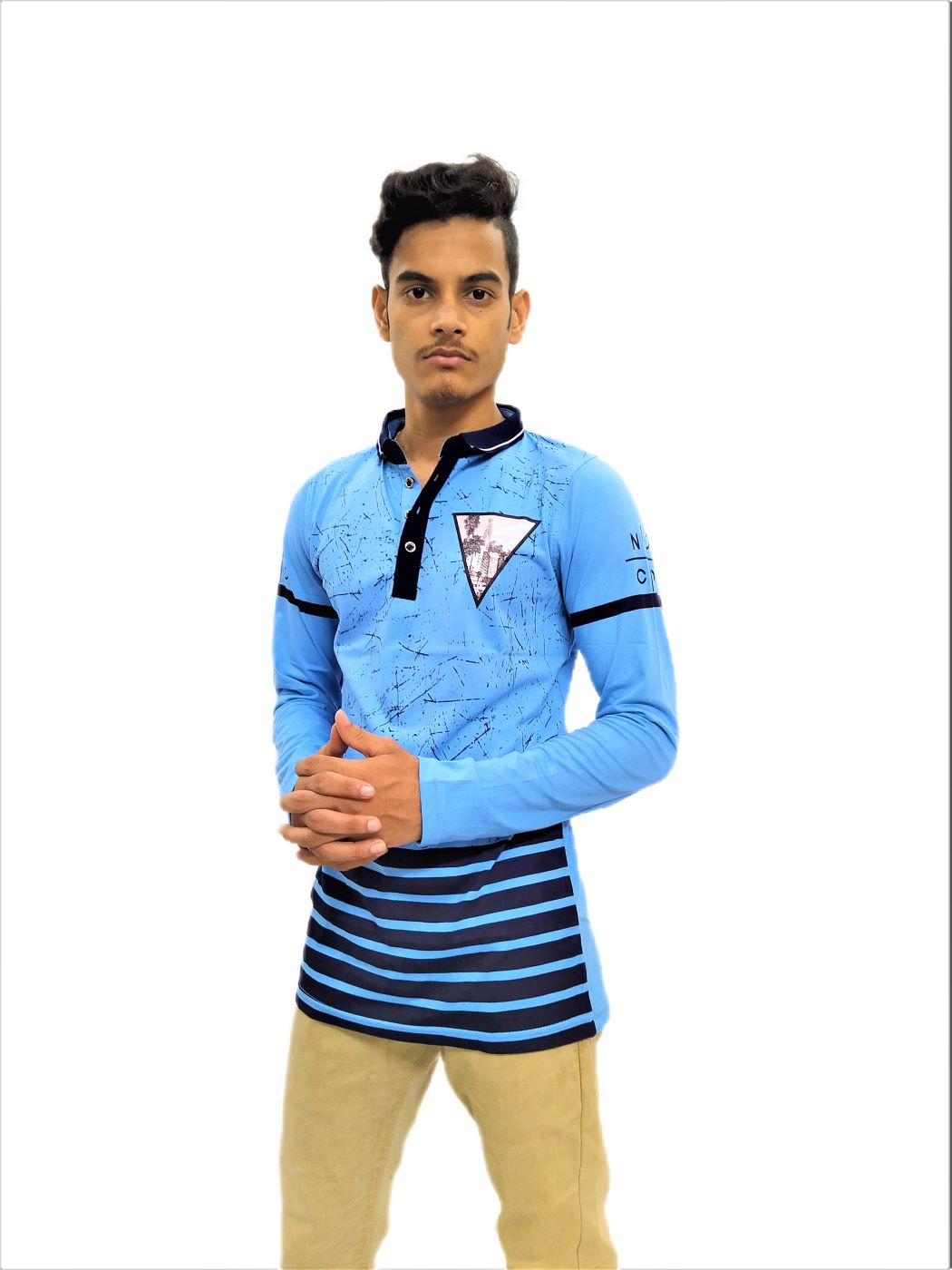 Men's Sky Blue Printed Mandarin Collar Full Sleeve T-Shirt