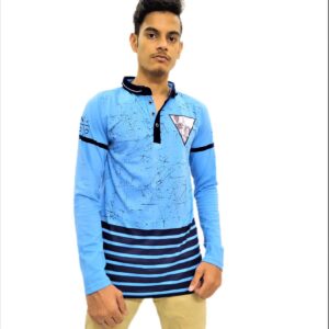 Alternative view of Men's Sky Blue Printed Mandarin Collar Full Sleeve T-Shirt