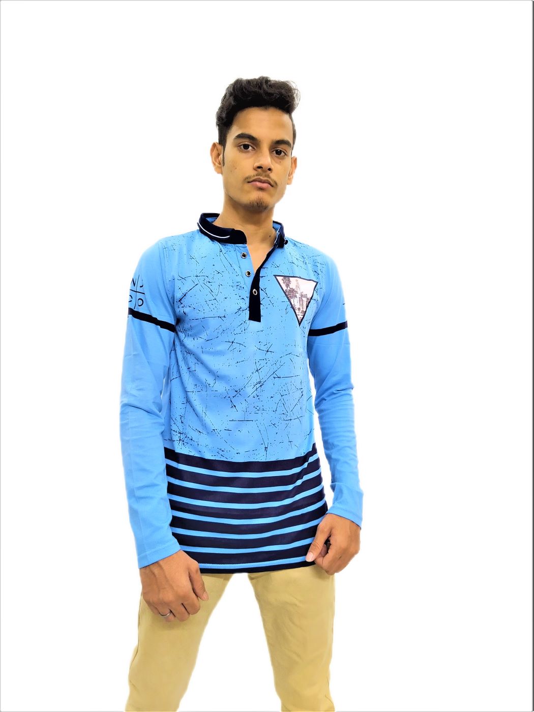 Men's Sky Blue Printed Mandarin Collar Full Sleeve T-Shirt - Image 2