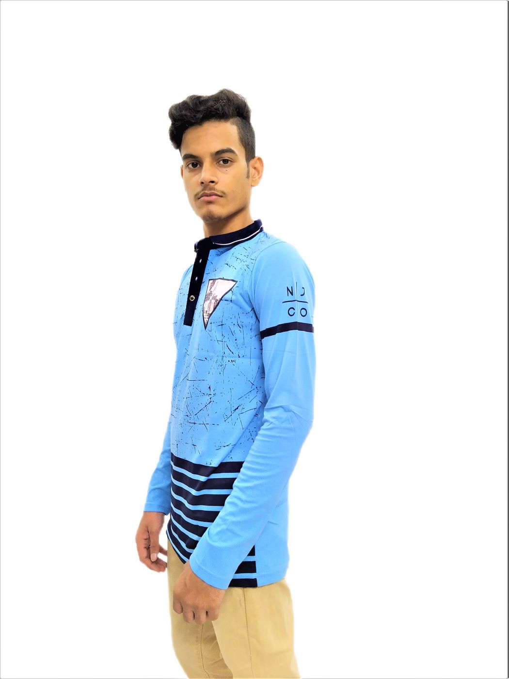 Men's Sky Blue Printed Mandarin Collar Full Sleeve T-Shirt - Image 3