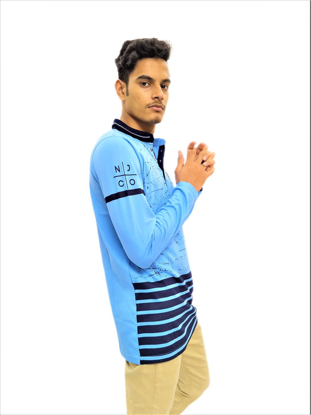 Men's Sky Blue Printed Mandarin Collar Full Sleeve T-Shirt - Image 4