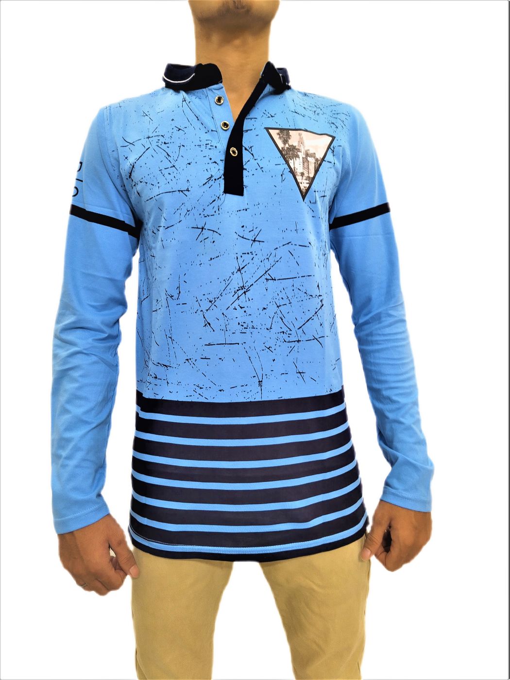 Men's Sky Blue Printed Mandarin Collar Full Sleeve T-Shirt - Image 7