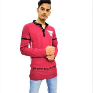Men's Solid Red (Maroon) Mandarin Collar Full Sleeve T-Shirt