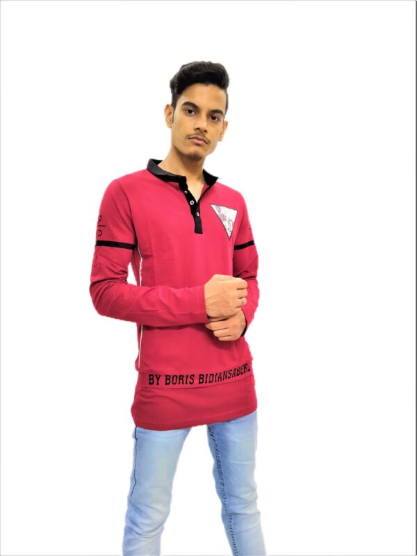 Men's Solid Red (Maroon) Mandarin Collar Full Sleeve T-Shirt
