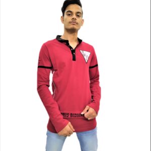 Alternative view of Men's Solid Red (Maroon) Mandarin Collar Full Sleeve T-Shirt