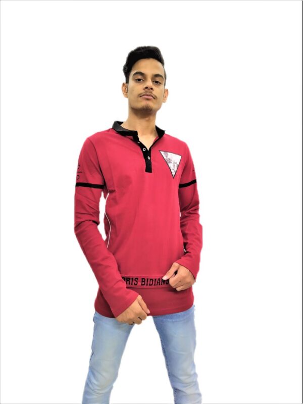 Men's Solid Red (Maroon) Mandarin Collar Full Sleeve T-Shirt - Image 2