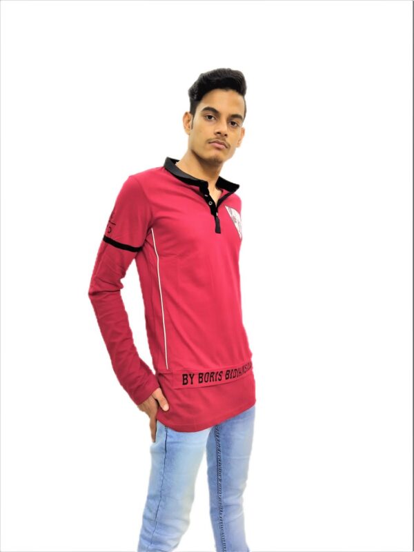 Men's Solid Red (Maroon) Mandarin Collar Full Sleeve T-Shirt - Image 3