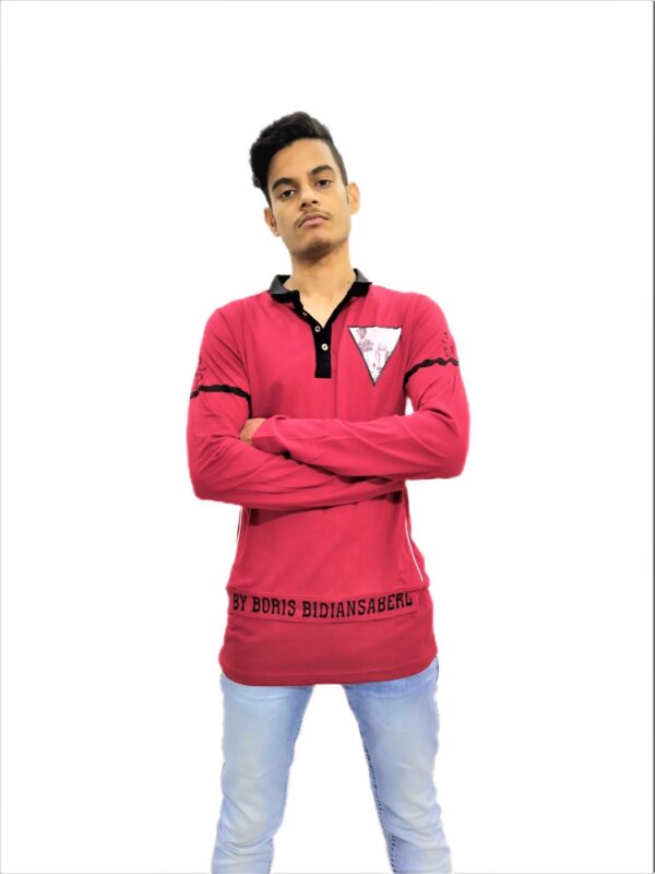 Men's Solid Red (Maroon) Mandarin Collar Full Sleeve T-Shirt - Image 4