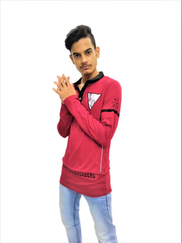 Men's Solid Red (Maroon) Mandarin Collar Full Sleeve T-Shirt - Image 5