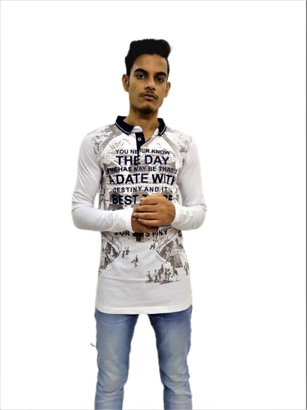 Men's Cream Printed Full Sleeve Mandarin Collar T-Shirt