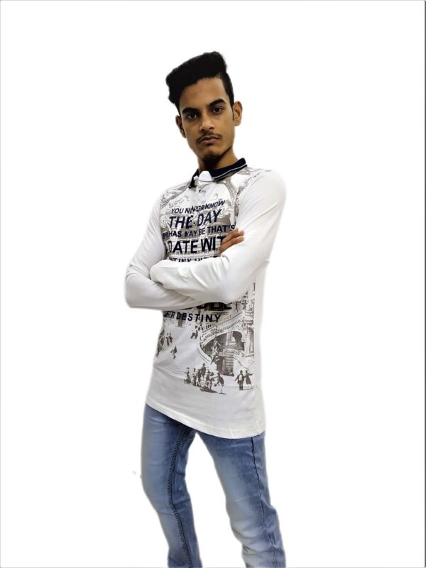 Men's Cream Printed Full Sleeve Mandarin Collar T-Shirt - Image 2