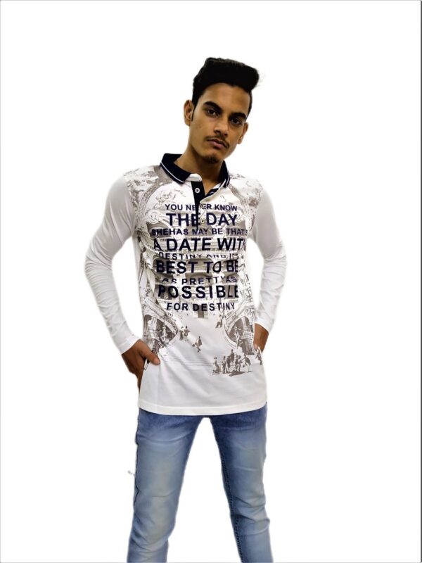 Men's Cream Printed Full Sleeve Mandarin Collar T-Shirt - Image 3