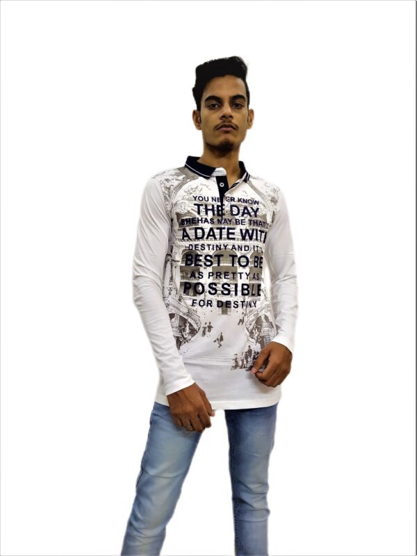 Men's Cream Printed Full Sleeve Mandarin Collar T-Shirt - Image 4