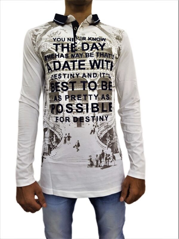 Men's Cream Printed Full Sleeve Mandarin Collar T-Shirt - Image 7