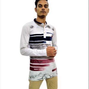 Men's White Printed Mandarin Collar Full Sleeve T-Shirt