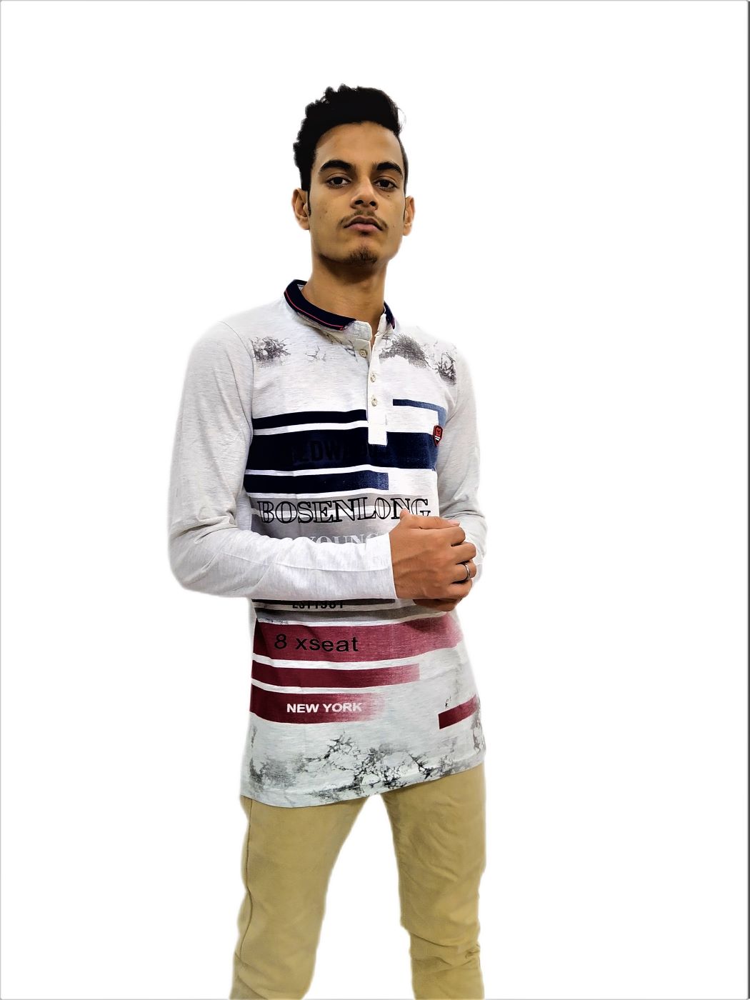 Men's White Printed Mandarin Collar Full Sleeve T-Shirt