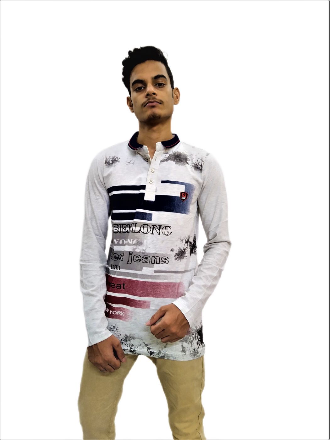 Men's White Printed Mandarin Collar Full Sleeve T-Shirt - Image 2